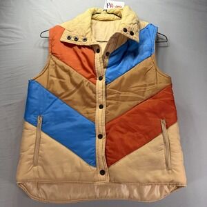 Vintage 70s Puffer Vest Mens Large Multicolor Snap Color Block Reversible Jacket